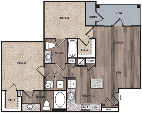 Floor plan for 2 beds, 2 baths, 994 sqft